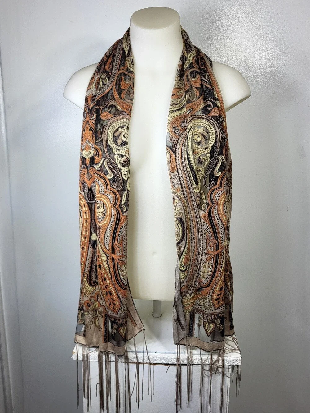 Paisley Fringe Scarf in Beige and Burnt Orange 20